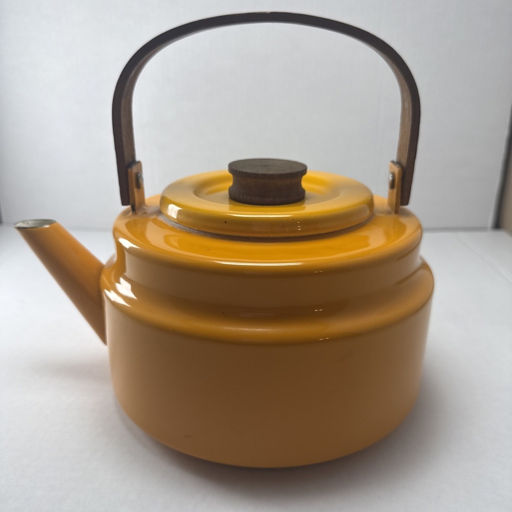 Yellow/Orange Enamel Kettle Wooden Handle Retro Vintage Decor